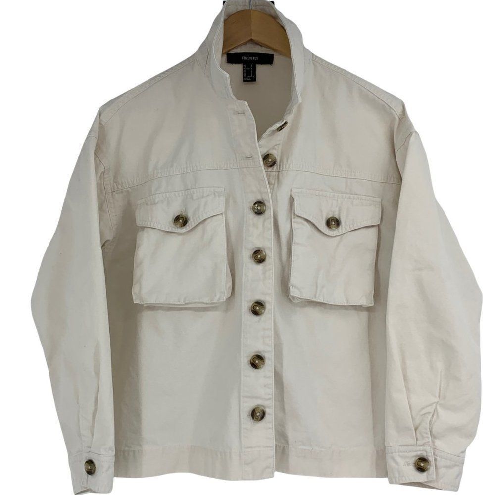 Womens Forever 21 Sz Small Ivory Denim Jacket Light Weight Button 0717